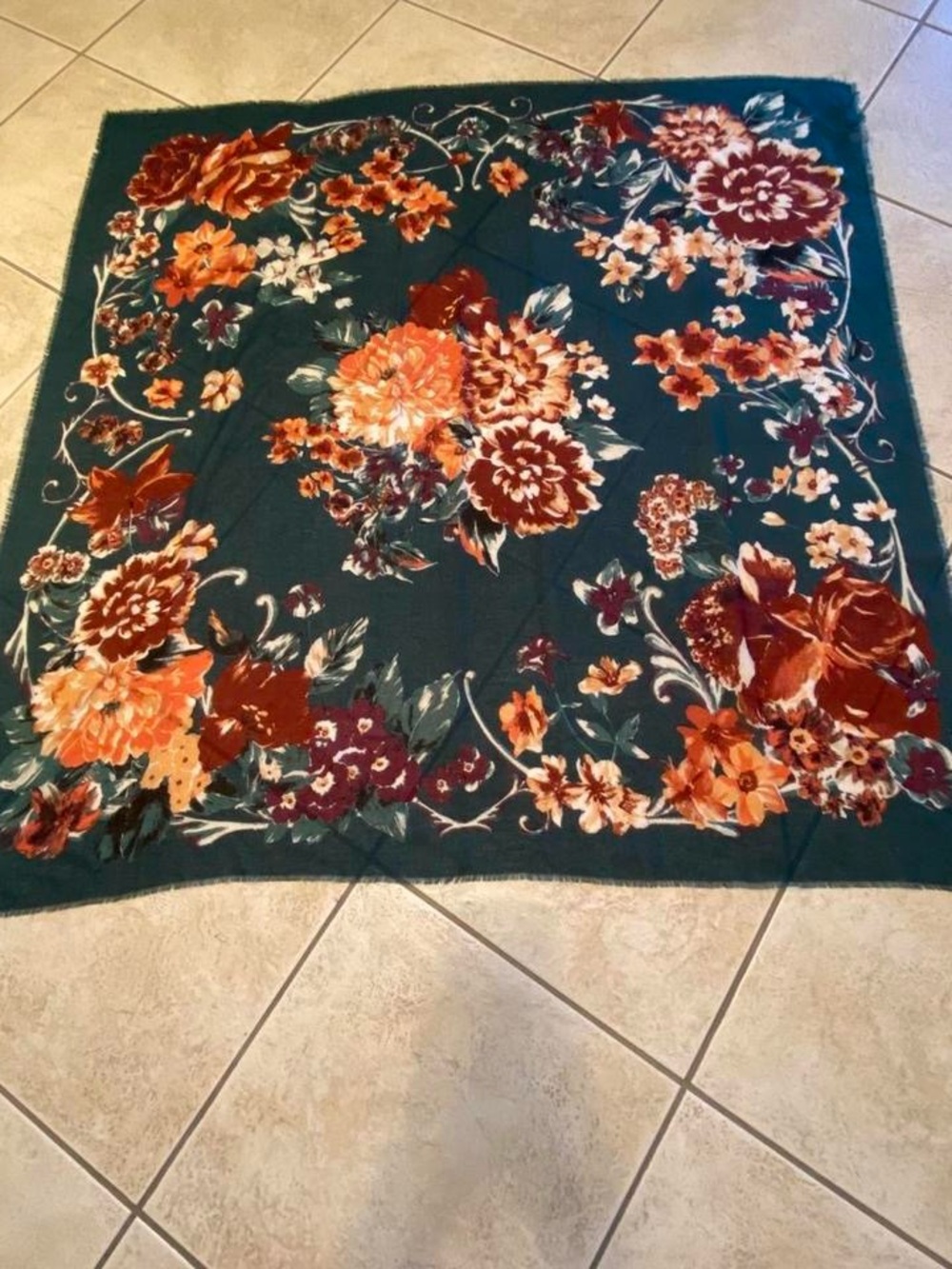 Nine West Teal Floral Scarf 48”x48” with Orange and Rust Accents